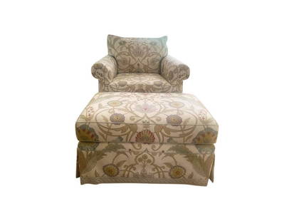 Custom Upholstered Club Chair and Ottoman: Chair: 34 in. w x 41 in. d x 31 in. h, Seat height: 18 in., Arm height: 24 in., Ottoman: 31 in. w x 21 in. d x 16 in. h. PLEASE READ BEFORE PLACING A BID: Pickup for this auction will take place at a