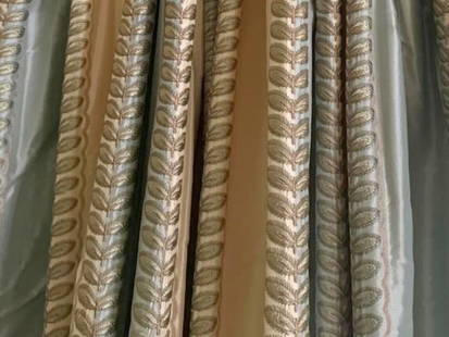 Colefax and Fowler Leaf Ornate Stripe Embroidered Window Panels, 2 Sets: 4 Panels : 32 in. w x 88 in. l. PLEASE READ BEFORE PLACING A BID: Pickup for this auction will take place at a private residence in Rye, NY on Friday, July 25th, from 9:00 AM to 12:00 PM, and Saturday