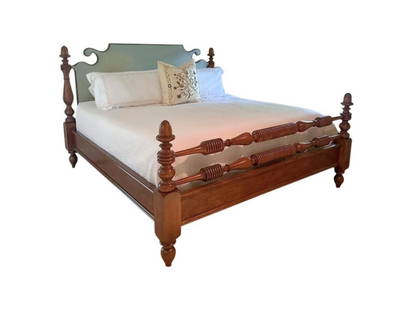 Thomas O'Brien Upholstered King Bed: 85 in. w x 90 in. l x 58 in. h, Footboard height 39 in., Baseboard height 19 in. Reupholstery on headboard recommended, see photos. PLEASE READ BEFORE PLACING A BID: Pickup for this auction will take