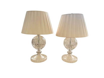 Vaughan Glass Table Lamps, Pair: 10 in. diameter x 27 in. h, Shades 18 in. diameter x 12 in. h. PLEASE READ BEFORE PLACING A BID: Pickup for this auction will take place at a private residence in Rye, NY on Friday, July 25th, from 9: