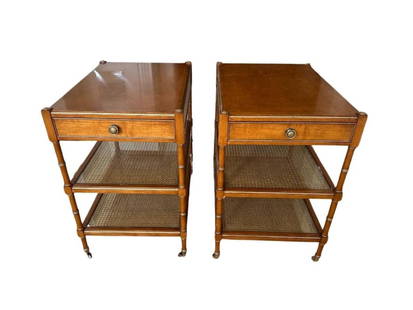 Nininger Tiered Single Drawer Bedside Tables, Pair: 18 in. w x 26 in. d x 27 in. h. Tables have light wear, see photos. PLEASE READ BEFORE PLACING A BID: Pickup for this auction will take place at a private residence in Rye, NY on Friday, July 25th, fr