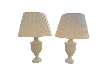 Ivory Ceramic Urn Table Lamps, Pair: 8 in. diameter x 27 in. h, Shades: 18 in. diameter x 12 in. h. PLEASE READ BEFORE PLACING A BID: Pickup for this auction will take place at a private residence in Rye, NY on Friday, July 25th, from 9: