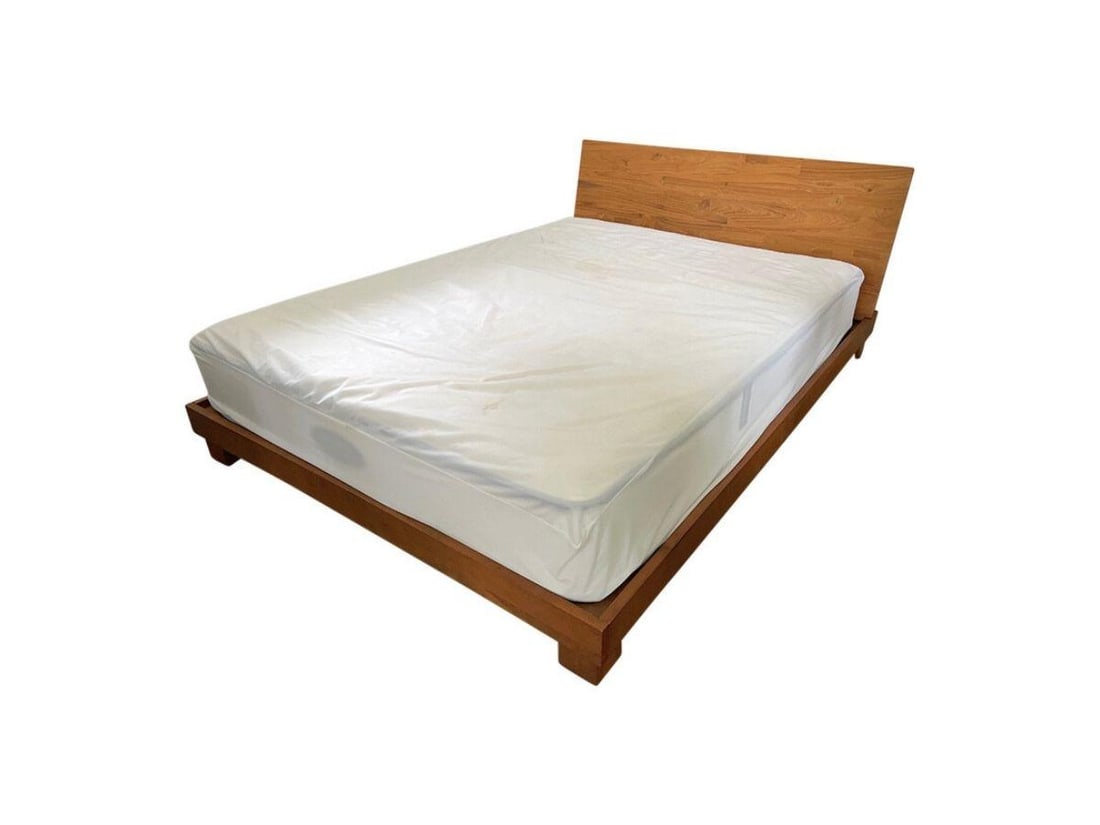 CB2 Dondra Teak Wood Queen Bed: 62.25 in. w x 88.5 in. l x 31.5 in. h, Bed height 8.25 in. PLEASE READ BEFORE PLACING A BID: Pickup for this auction will take place at a private residence in Rye, NY on Friday, July 25th, from 9:00 A