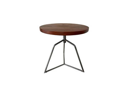 CB2 Wood and Metal Side Table: 18 in. diameter x 19.25 in. h. PLEASE READ BEFORE PLACING A BID: Pickup for this auction will take place at a private residence in Rye, NY on Friday, July 25th, from 9:00 AM to 12:00 PM, and Saturday,