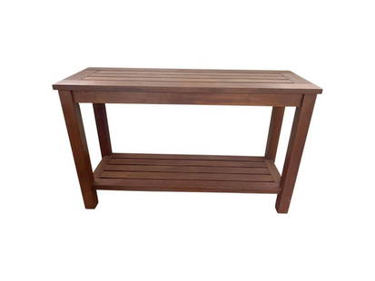 Pottery Barn Wood Console: 48 in. w x 15.75 in. d x 30 in. h, Wood slat console table with lower shelf, one mark on top, see photos. PLEASE READ BEFORE PLACING A BID: Pickup for this auction will take place at a private residen
