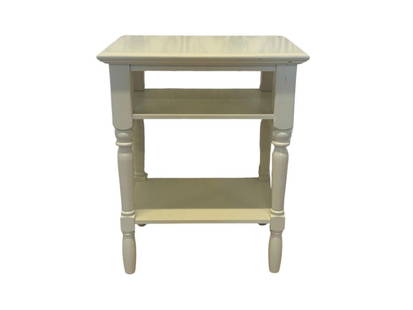 Pottery Barn White Side Table: 21.5in. w x 16in. d x 26in. h. Table has light wear, see photos.