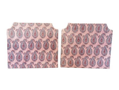 Paisley Covered Headboards, Pair: Headboards: 40in. w x 2in. d x 37in. h. Noticeable fading. Fabric could be pulled tighter with upholstery staples.