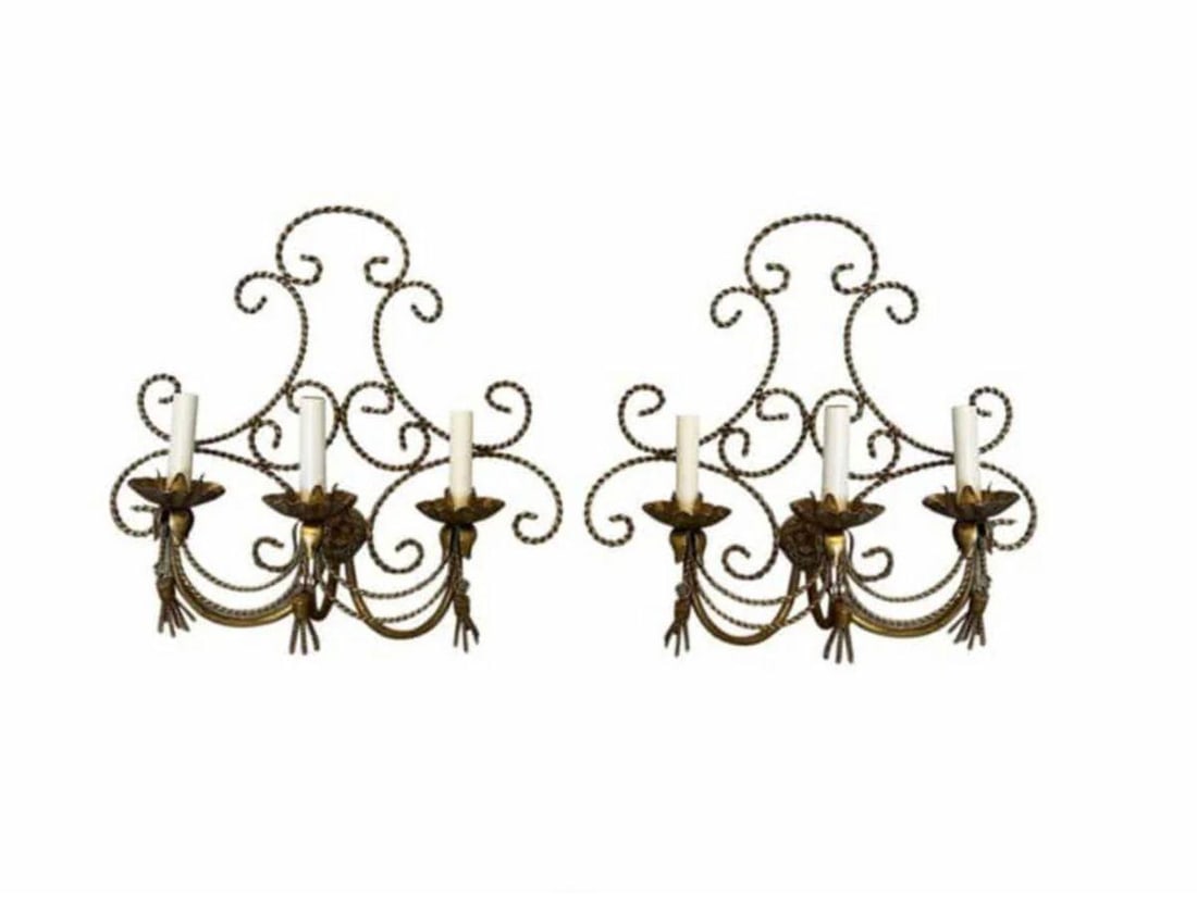 Hollywood Regency Italian Gilt Metal Rope and Tassel Sconces, Pair: 17 in. w x 17 in. h x 5 in. d