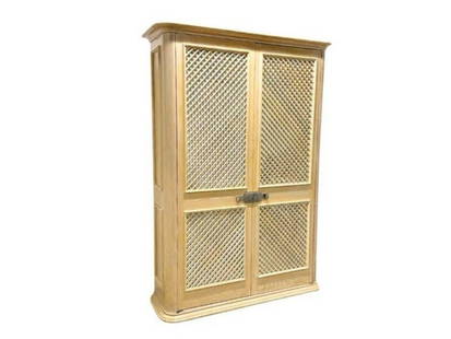Steve Chase Bleached Oak Armoire: 55 in. w x 17 in. d x x 87 in. h. Has a noticeable crack in the top of the piece, see photos. May also need new hinges, see photos.