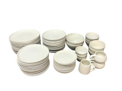 Restoration Hardware Wheeler Pottery Dinnerware, 90 Pieces: 12 dinner plates, 12 salad plates, 12 appetizer plates, 10 pasta bowls, 2 cereal bowls, 5 rice bowls, 3 stacking bowls, 1 tall coffee mug, 2 small coffee cups, Boxed - 4 soup bowls, 2 appetizer plates