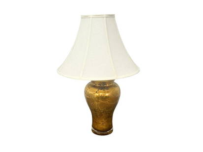 Gold Lamp: 9in diameter x 27in h. Missing a finial, may need some repair.