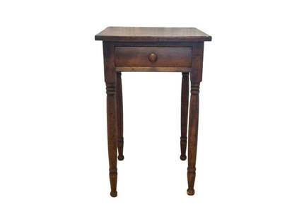 Single Drawer Dark Brown Side Table: 19in. w x 18.5in. d x 30.5in. h. Table has light wear, see photos.