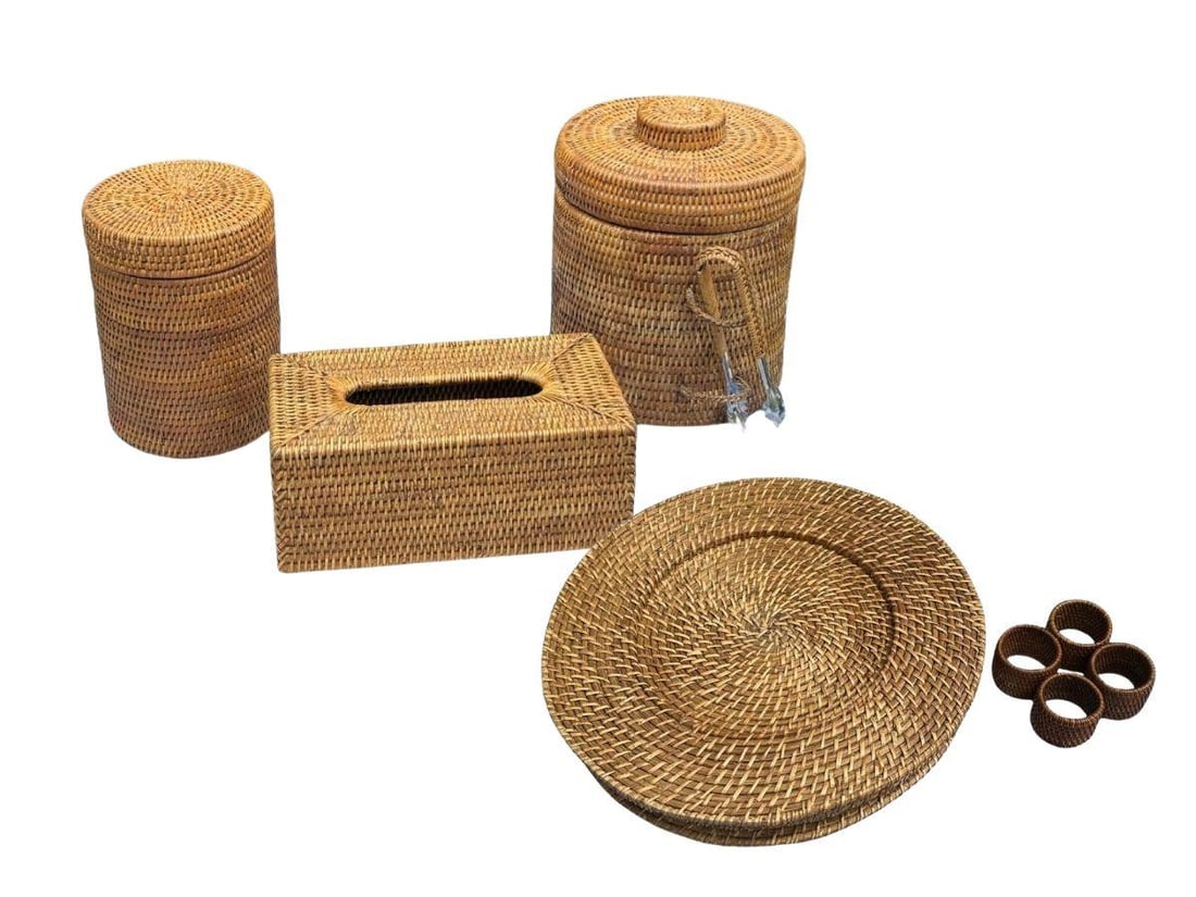 Rattan Collection: Ice Bucket: 8 in. diameter x 9.5 in. h, Tissue Holder: 10 in. w x 5.5 in. d x 4 in. h, Canister: 5.5 in. diameter x 8 in. h, Set of 4 Chargers and Napkin Rings: 13 in. diameter