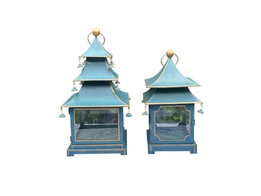 Blue & Gold Painted Metal Pagoda Lanterns, Set of Two