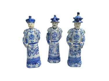 Blue and White Chinese Porcelain Figures of Officials or Emperors