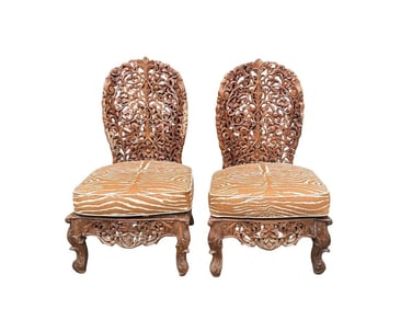 Anglo-Indian Hand Carved Slipper Chairs with Brunschwig & Fils "Le Zebre" Custom Cushions