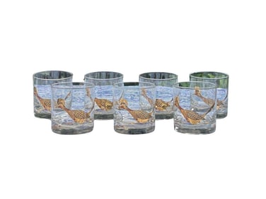 Vintage Couroc of Monterey Roadrunner Lowball Glasses, Set of Seven