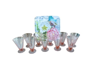 Vintage Pink Etched Glasses & Melamine Floral Tray