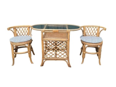 Vintage Bamboo Bistro Honeymoon or Dinette Table Set with Sister Parish Burma Cushions