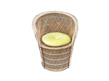 Vintage Rattan Barrel Chair with Cushion