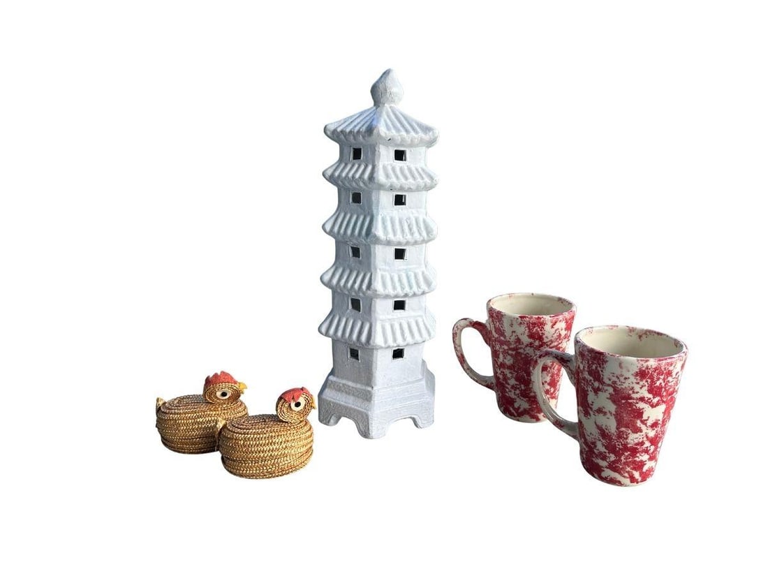 Red and White Collection: Sister Parish Mugs: 5.5 in. w x 4 in. d x 5.5 in. h, Woven Hens: 3.5 in. w x 2 in. d x 3.5 in. h, Pagoda Tower: 5.5 in. diameter x 15.5 in. h