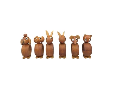 Vintage Wooden Animal Napkin Rings, Set of Six