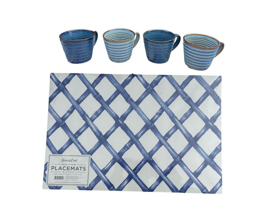 Collection of Blue Coffee Mugs and Placemats: Collection of Blue Coffee Mugs and Placemats