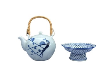 Blue and White Japanese Teapot and Footed Bowl