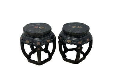 Mid-Century Chinese Hand-Painted Black Lacquer Lamp Tables, Pair