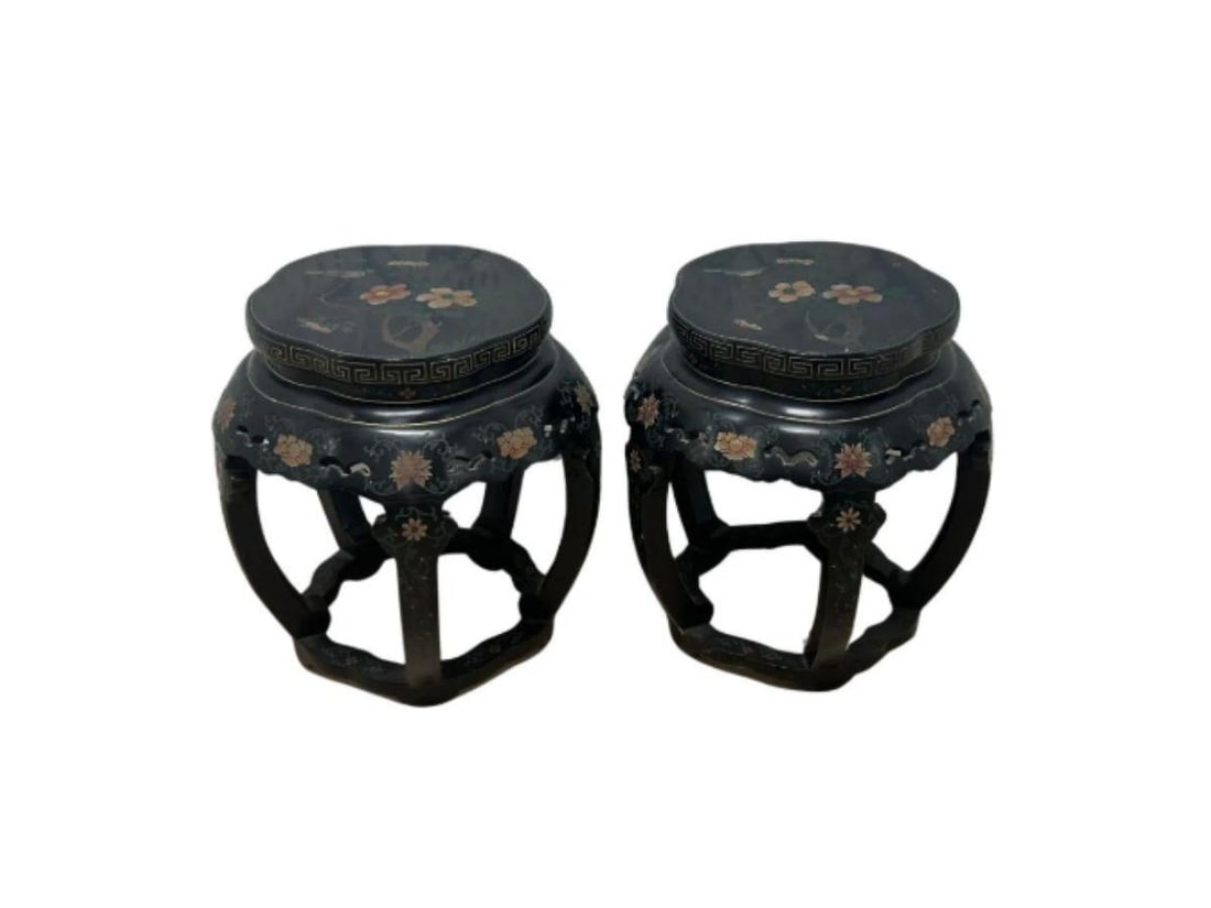 Mid-Century Chinese Hand-Painted Black Lacquer Lamp Tables, Pair (1 of 8)