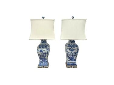 Blue and White Table Lamps, Pair