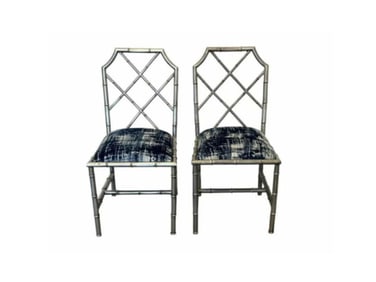 Silver Painted Bamboo Style Side Chairs, Pair