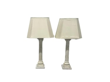 White Column Table Lamps, Pair