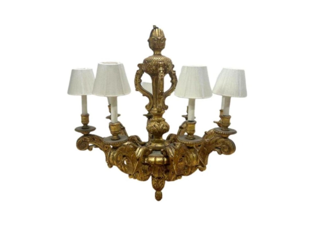Antique Eight Light Giltwood Chandelier: 30in. diameter x 35in. h