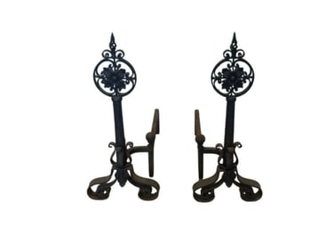 Large Cast Iron Floral Medallion Andirons