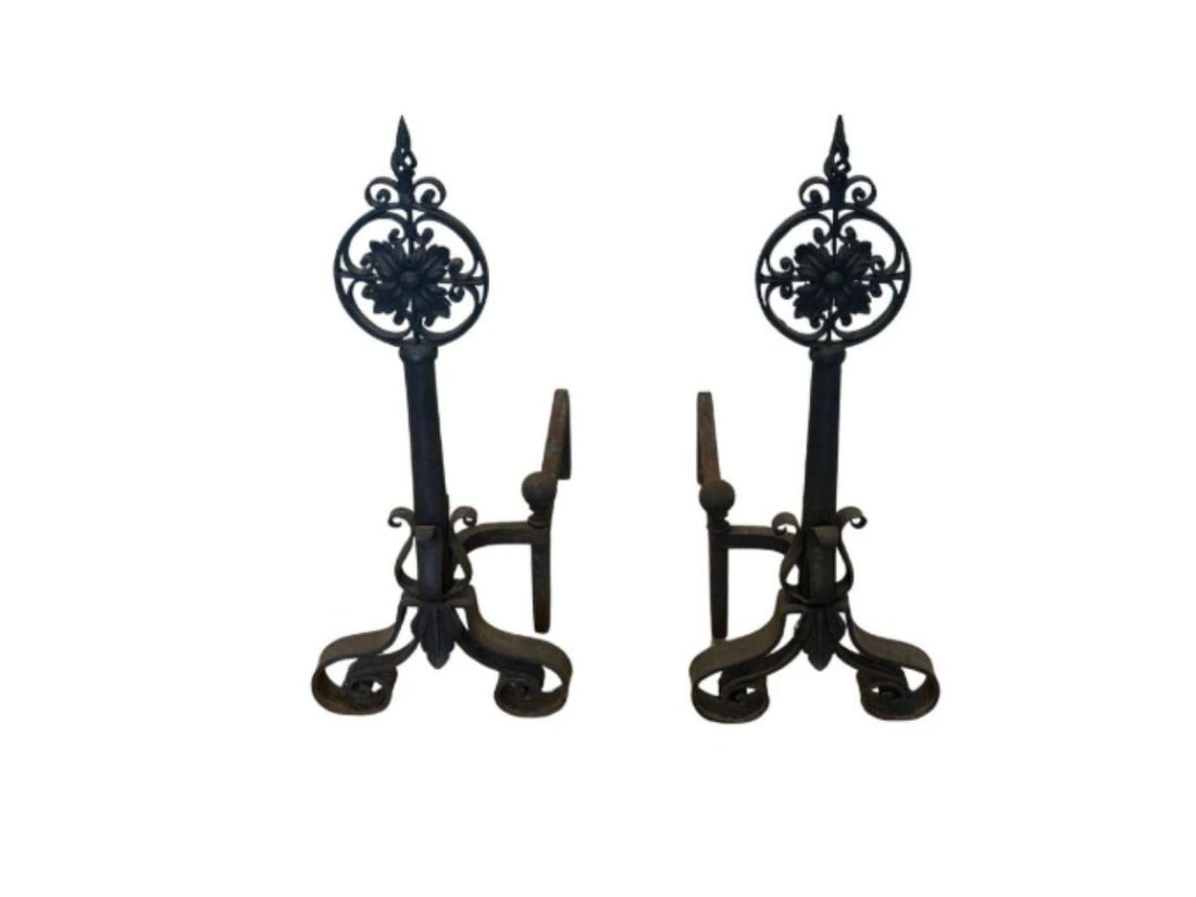 Large Cast Iron Floral Medallion Andirons (1 of 6)
