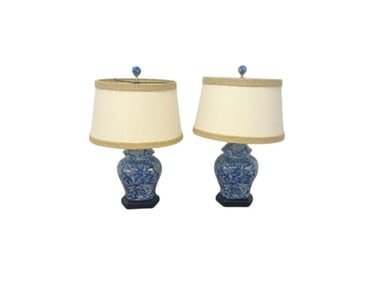 Blue & White Ceramic Lamps, Pair