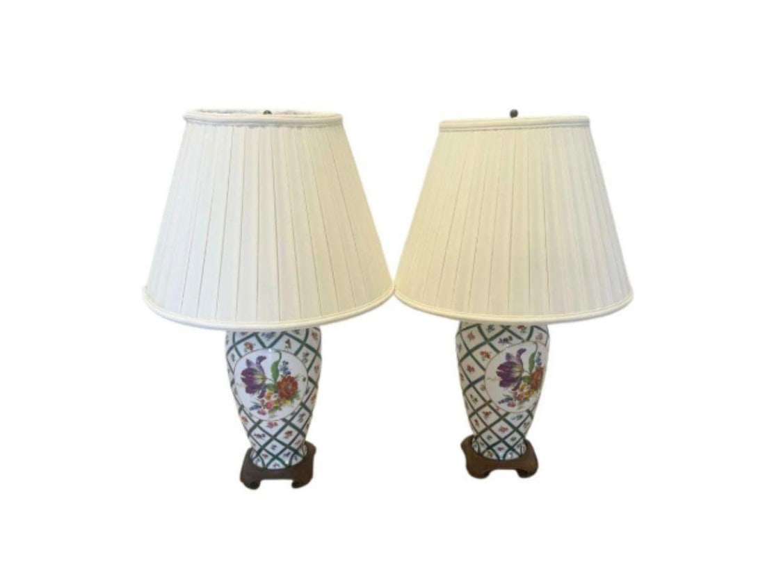 Italian Elios Hand-Painted Vase Table Lamps, Pair (1 of 7)