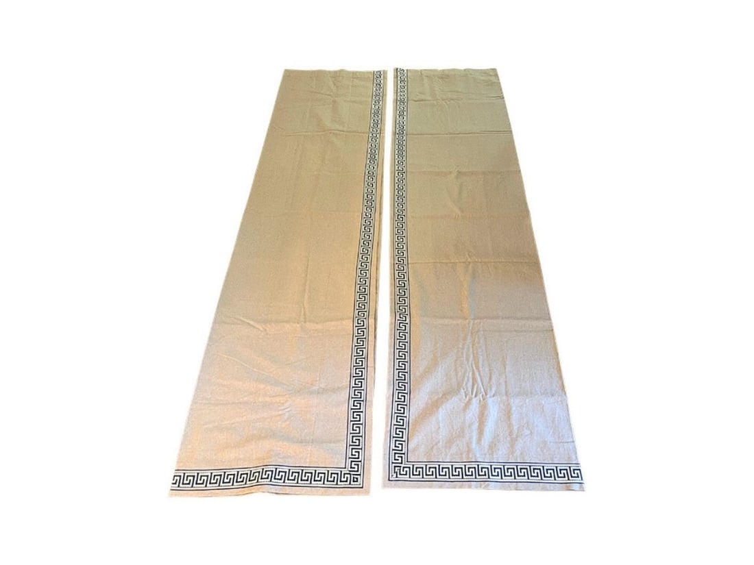 Beige Window Panels with Greek Key Trim, Pair: 49in. w x 94in. l, Good condition, see photos