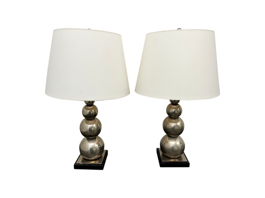 Gracious Home Mercury Glass Table Lamps, Pair: 7.5in. w x 7.5in. d x 35in. h. Shade: 20in. diameter x 14in. h.Lamps have a scuff on one base, see photos.