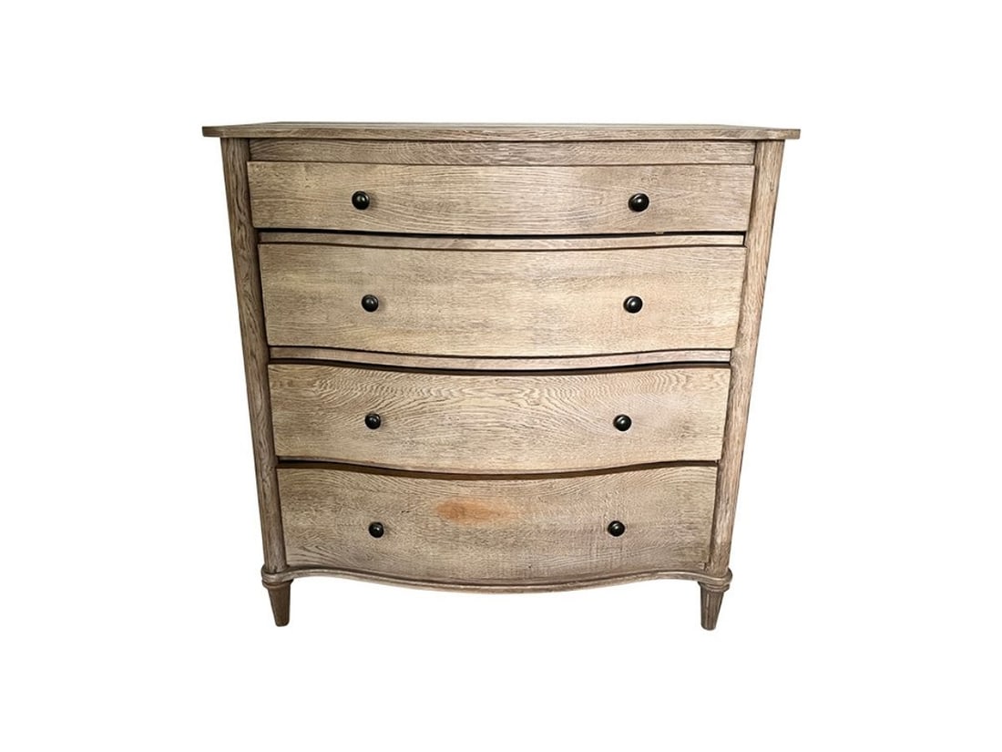 Serpentine Front 4 Drawer Dresser: 39in. w x 18.5in. d x 39in. h, One discolored spot on front of bottom drawer, drawers not aligned and will need adjustment, see photos.