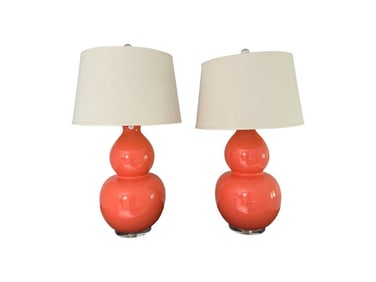 Robert Abbey Coral Double Gourd Lamps, Pair