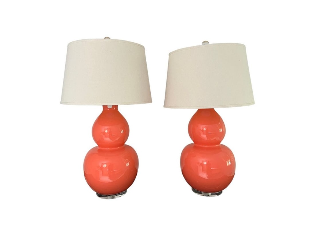 Robert Abbey Coral Double Gourd Lamps, Pair: 9.5in. diameter x 31in. h, Shade: 16in. diameter. Finish is peeling on one lamp, see photos.