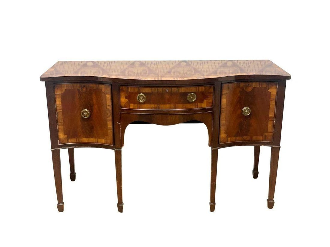 Antique Hepplewhite Mahogany Sideboard with Rosewood Banding, Circa 1870: 60 in. w x 22.5 in. d x 37 in. h. Sideboard has some visible scratching, see photos.
