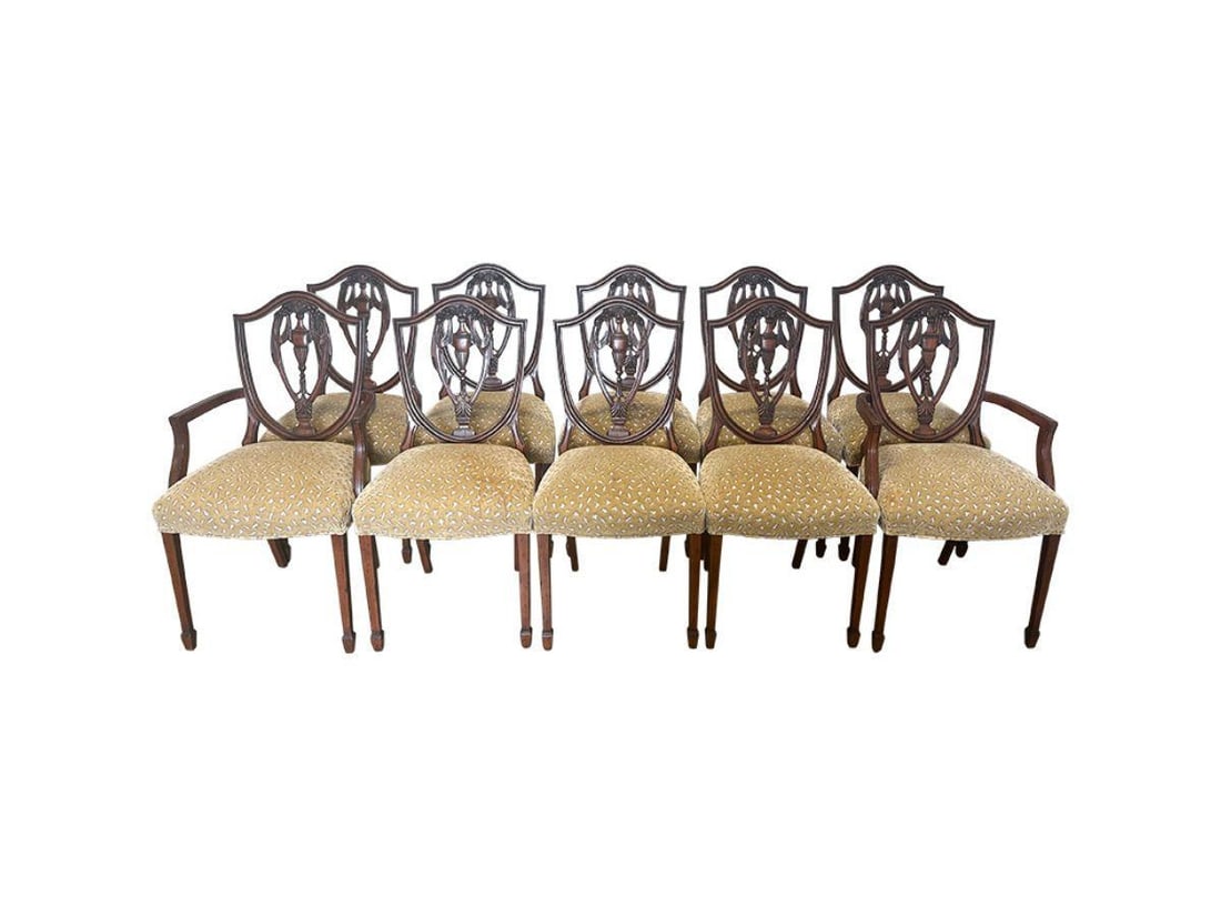 Shield Back Dining Chairs, Set of 10: Side Chair: 19 in. w x 18.5 in. d x 38.5 in. h, Seat height: 20 in., Arm Chair: 22.5 in. w x 18.5 in. d x 38.5 in. h, Seat height: 20 in., Arm height: 27 in. Upholstery has visible staining particular