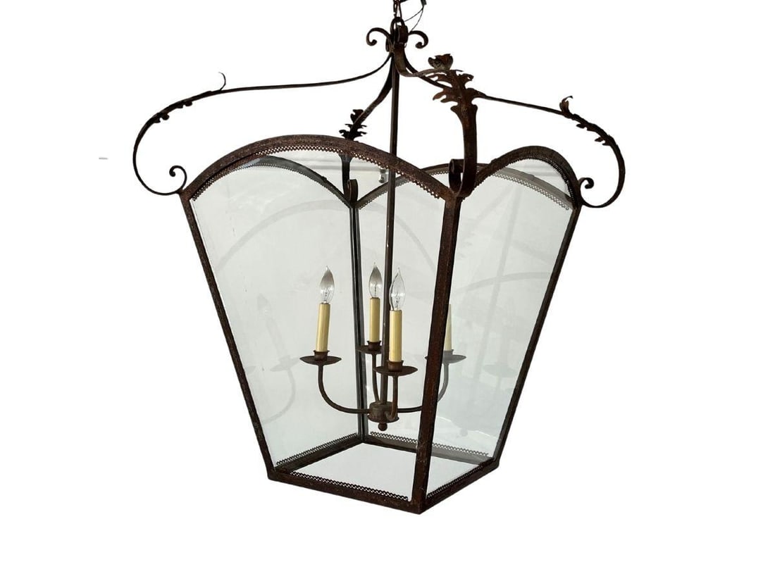Large Iron and Glass Lantern with Acanthus Leaves: 30 in. w x 30 in. d x 37 in. h, Chain: 73 in. l