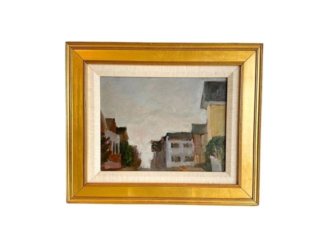 Oil on Board Cityscape Painting, Signed Lower Left: 17.5 in. w x 14.5 in. h x .5 in. d