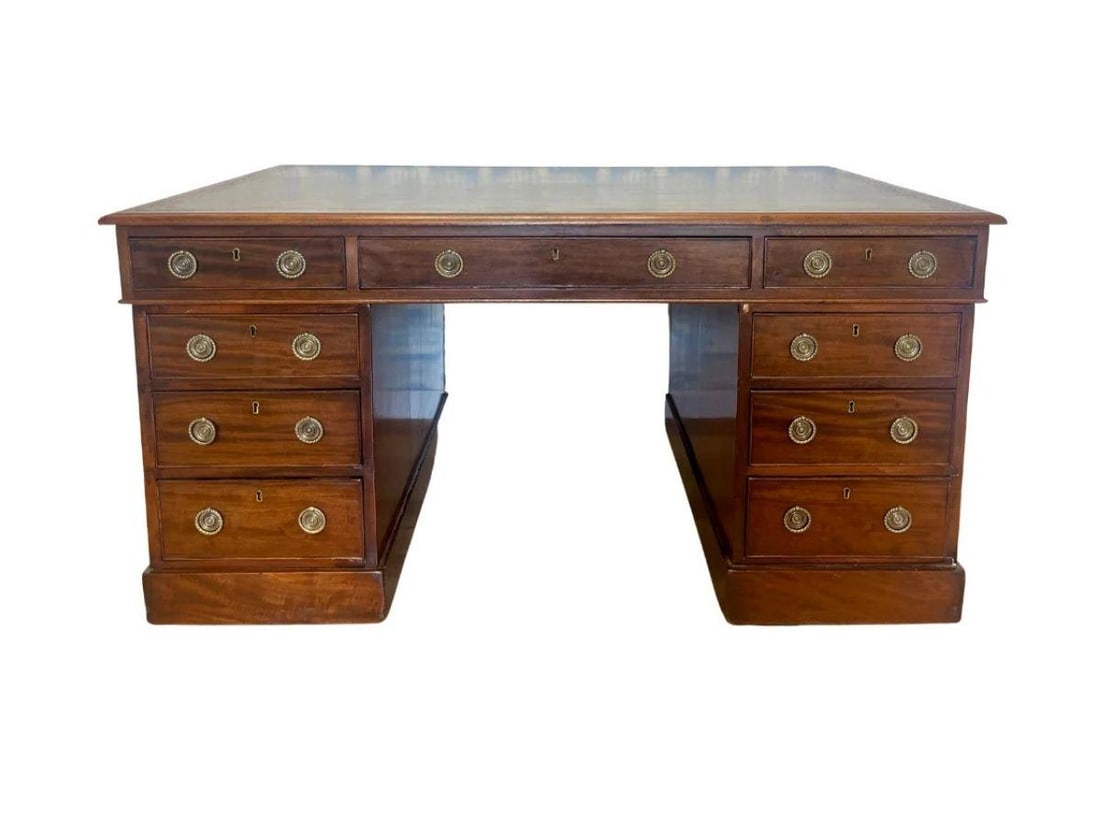 19th Century English Mahogany Partners Desk: 59in. w x 37.5in. d x 30in. h, Base Pieces: 16in. w x 35.5in. d x 23.5in. h. 3 Pieces Total.