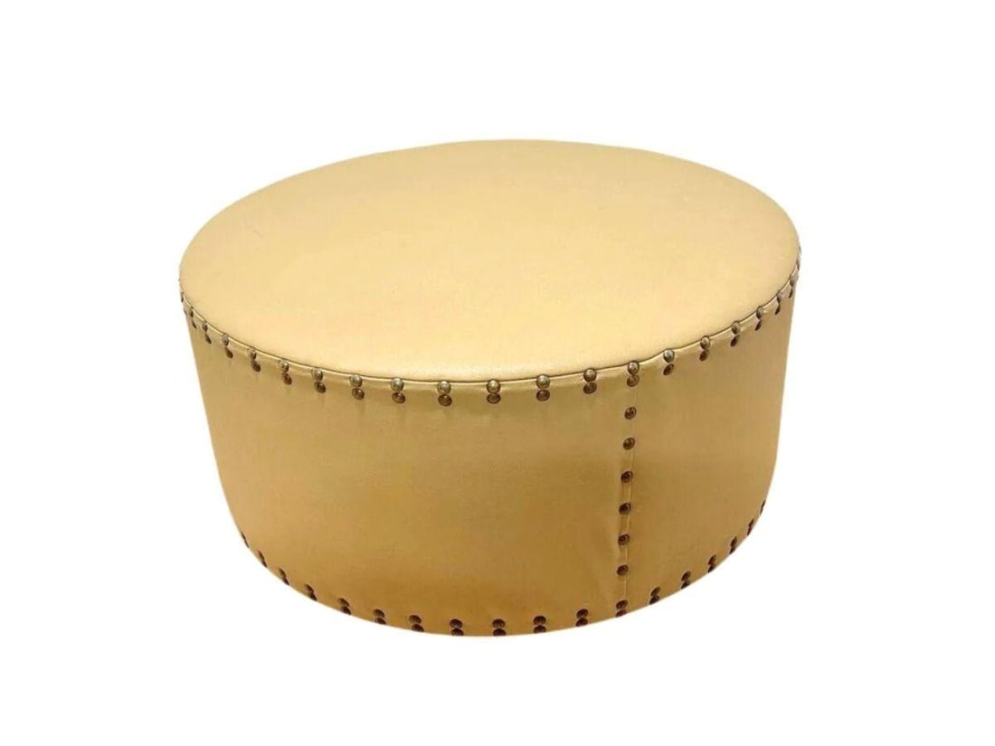 Drum Leather Ottoman with Nailhead Detail: 36 in. diameter x 18 in. h