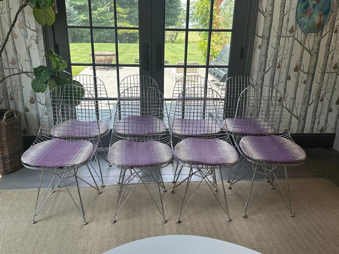 Modern Wire Chairs with Peter Dunham Cushions, Set of 8: 18 in. w x 17.5 in. d x 33.5 in. h, Seat height: 17 in. Cushions have spot staining and a few of the velcro tabs are torn underneath cushions.